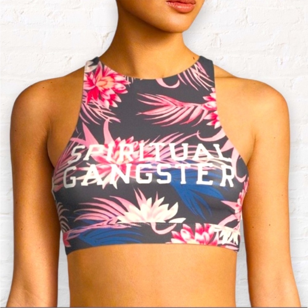 Spiritual Gangster Floral High Neck Bra - Pink and Gray